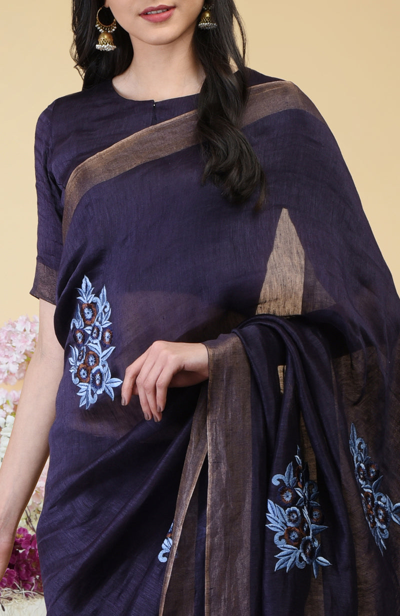 Eclipse Blue Floral Embroidered Linen Saree