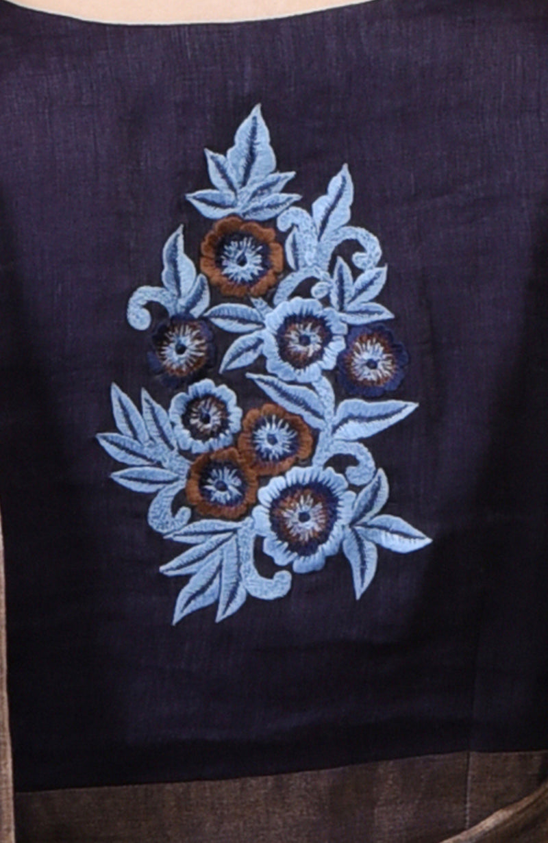 Eclipse Blue Floral Embroidered Linen Saree