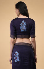 Eclipse Blue Floral Embroidered Linen Saree