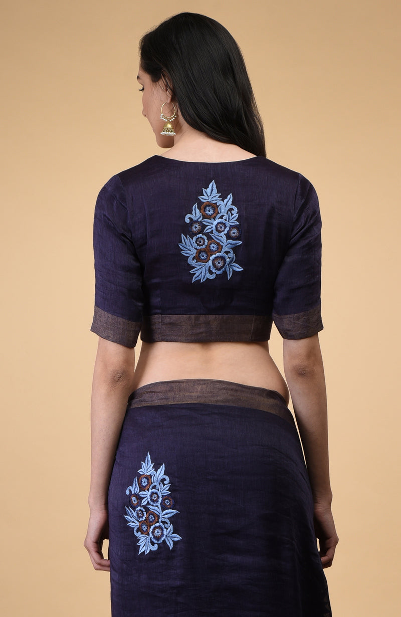 Eclipse Blue Floral Embroidered Linen Saree
