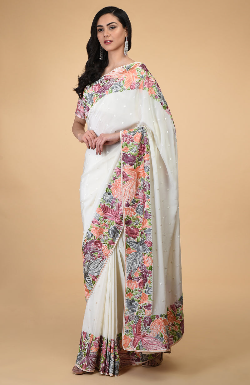 Ivory Parsi Gara Hand Embroidered Saree