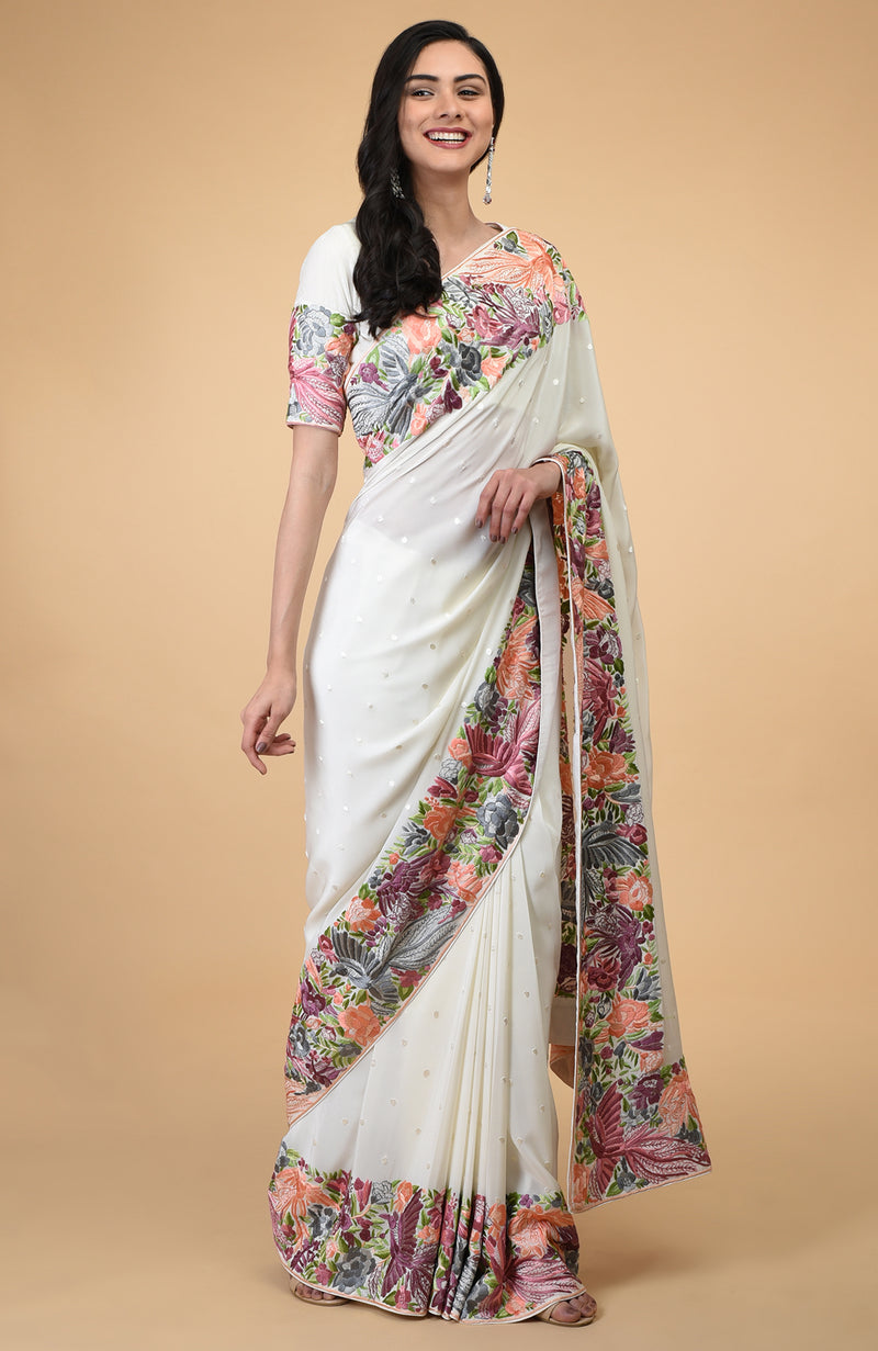 Ivory Parsi Gara Hand Embroidered Saree