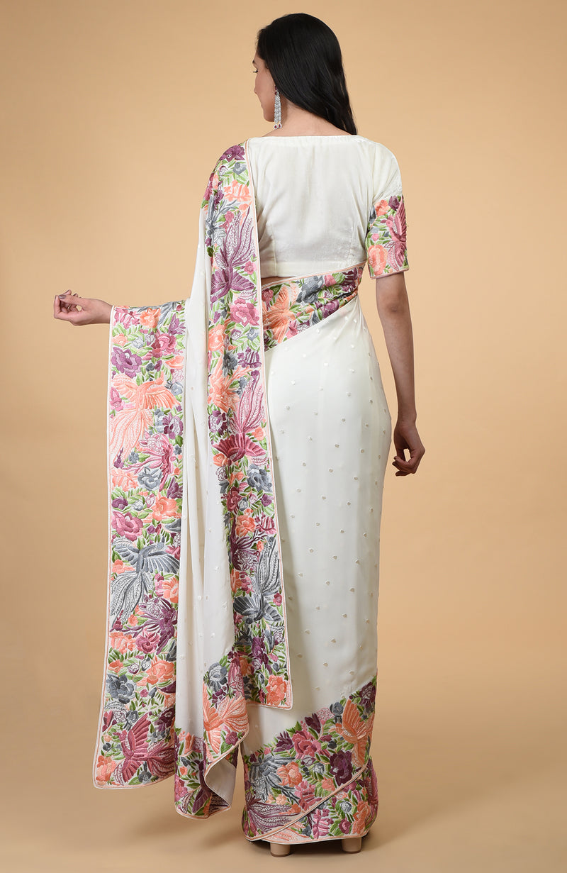 Ivory Parsi Gara Hand Embroidered Saree