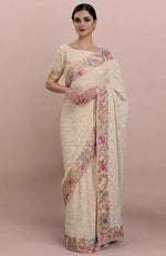 Masterpiece Champagne Lucknowi Chikankari & Parsi Gara Hand Embroidered Heirloom Saree