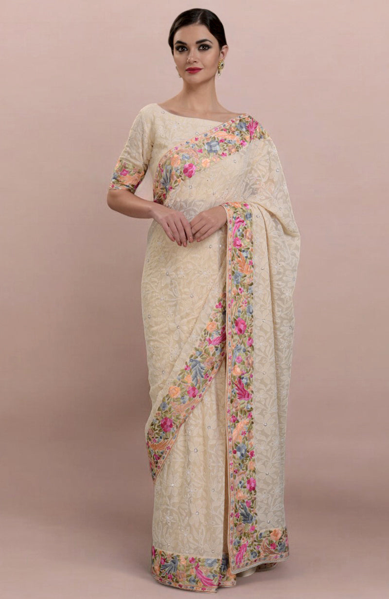 Masterpiece Champagne Lucknowi Chikankari & Parsi Gara Hand Embroidered Heirloom Saree
