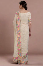 Masterpiece Champagne Lucknowi Chikankari & Parsi Gara Hand Embroidered Heirloom Saree