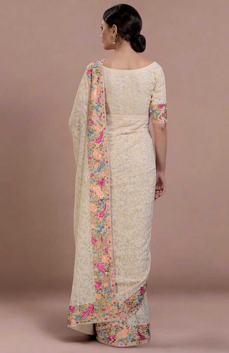 Masterpiece Champagne Lucknowi Chikankari & Parsi Gara Hand Embroidered Heirloom Saree