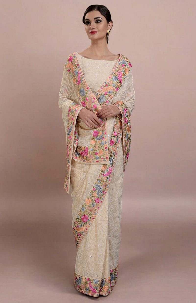 Masterpiece Champagne Lucknowi Chikankari & Parsi Gara Hand Embroidered Heirloom Saree