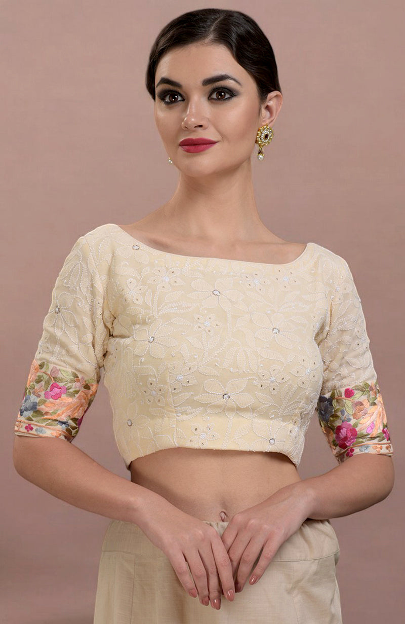 Masterpiece Champagne Lucknowi Chikankari & Parsi Gara Hand Embroidered Heirloom Saree
