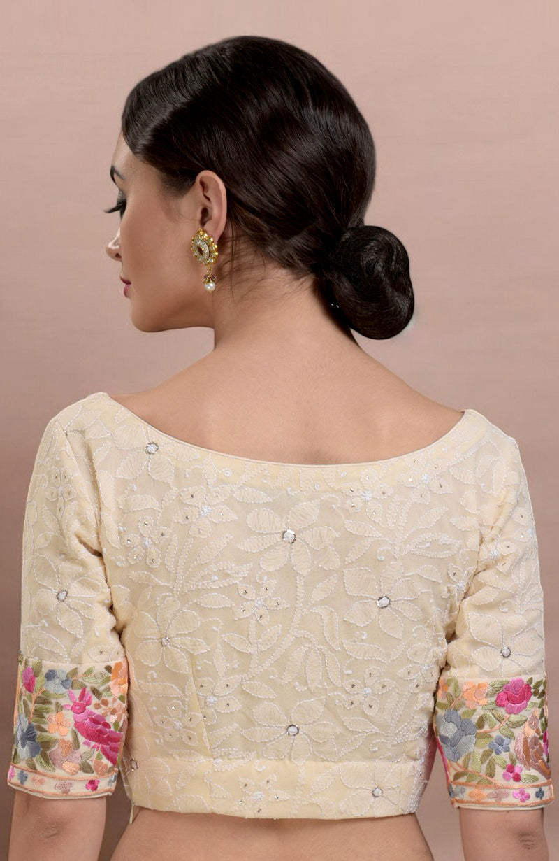 Masterpiece Champagne Lucknowi Chikankari & Parsi Gara Hand Embroidered Heirloom Saree