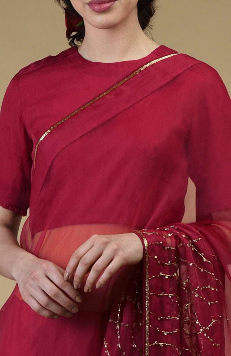 Classic Red-Gold Beads & Sequin Zardozi Hand Embroidered Saree