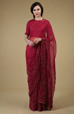 Classic Red-Gold Beads & Sequin Zardozi Hand Embroidered Saree
