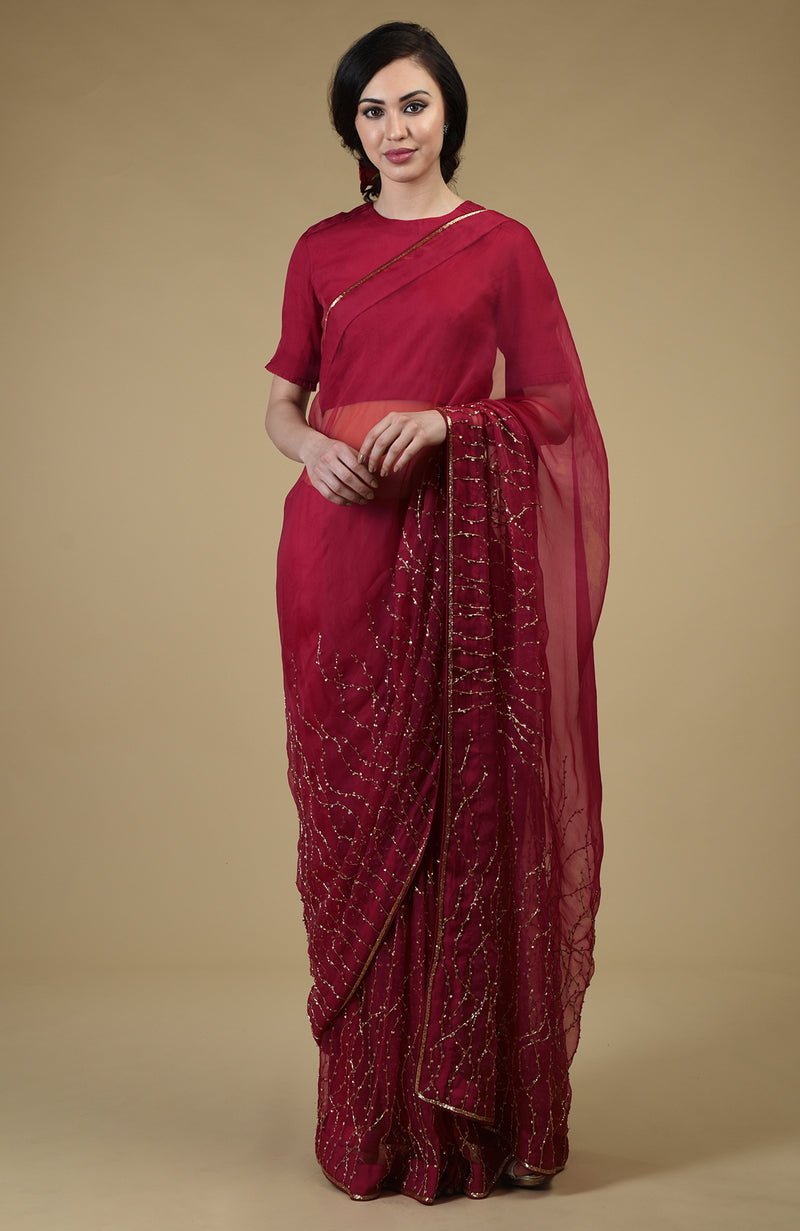 Classic Red-Gold Beads & Sequin Zardozi Hand Embroidered Saree