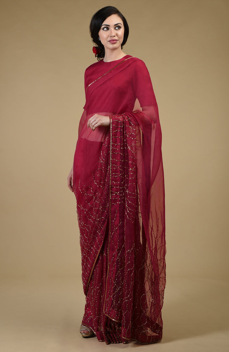 Classic Red-Gold Beads & Sequin Zardozi Hand Embroidered Saree
