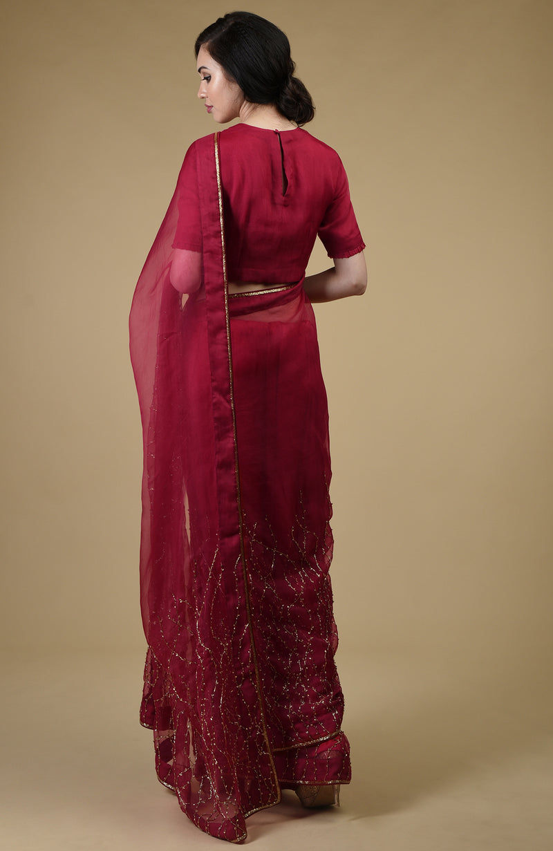 Classic Red-Gold Beads & Sequin Zardozi Hand Embroidered Saree
