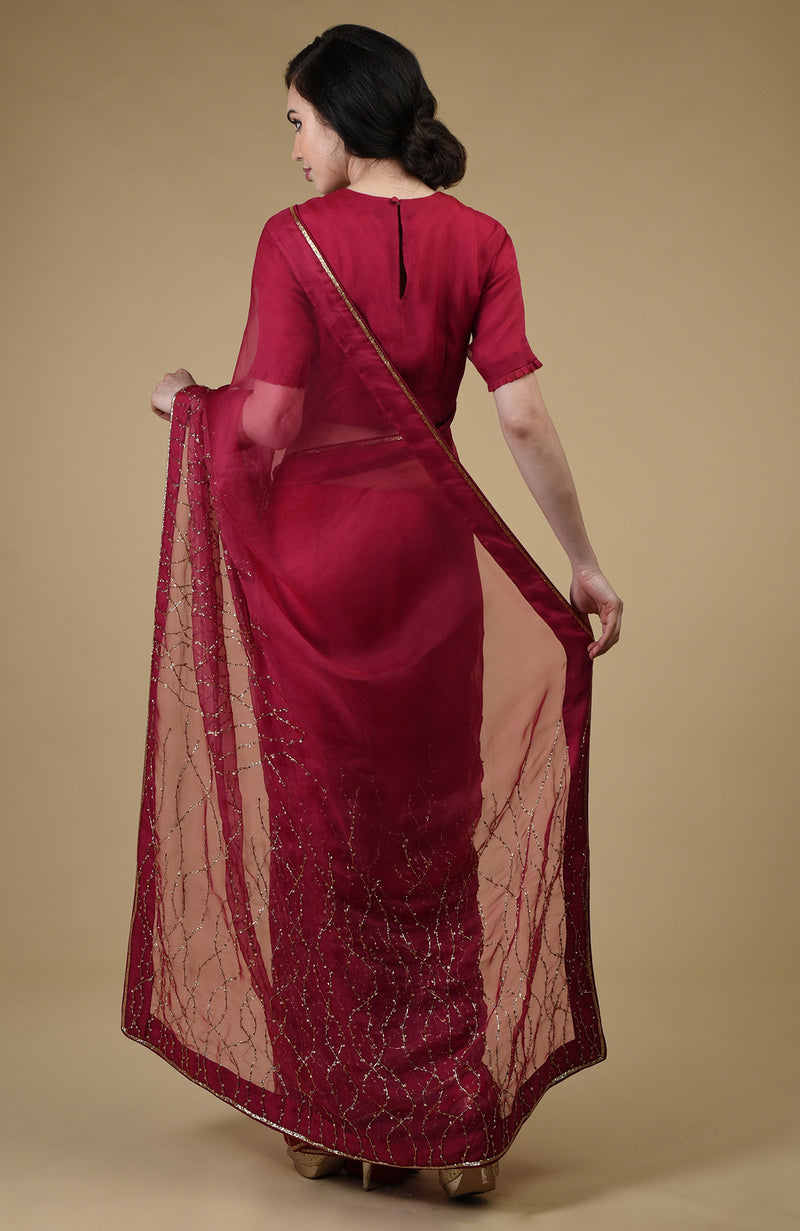 Classic Red-Gold Beads & Sequin Zardozi Hand Embroidered Saree