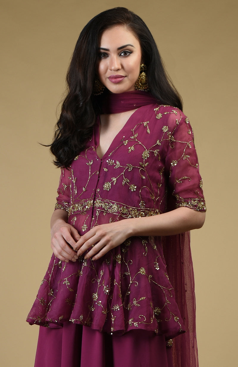 Peacock Pink Beads Zardozi Hand Embroidered Sharara Suit