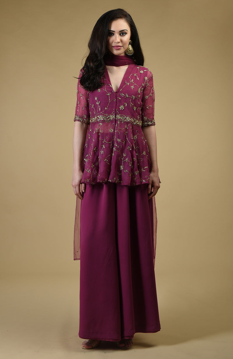 Peacock Pink Beads Zardozi Hand Embroidered Sharara Suit
