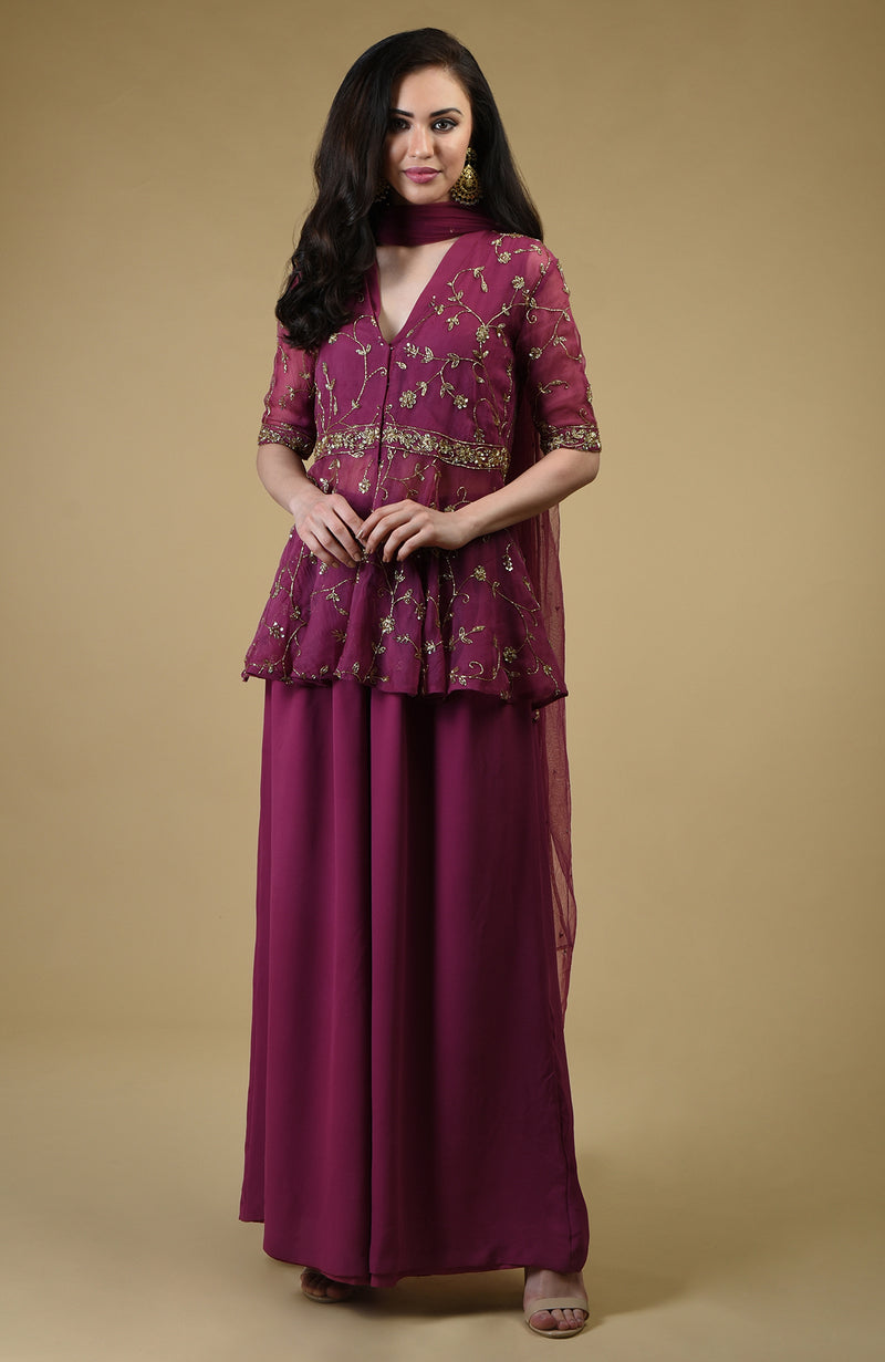Peacock Pink Beads Zardozi Hand Embroidered Sharara Suit