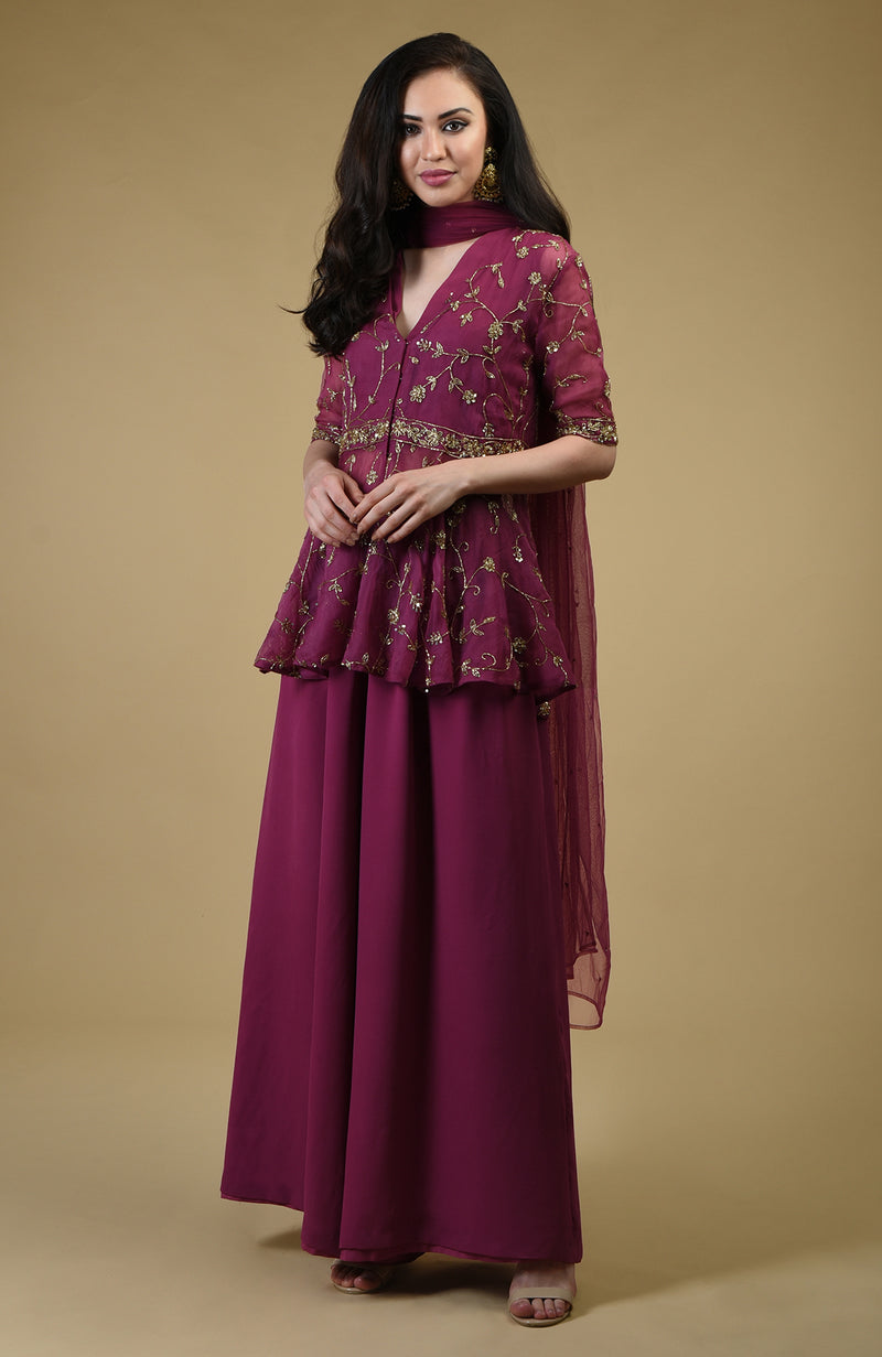 Peacock Pink Beads Zardozi Hand Embroidered Sharara Suit
