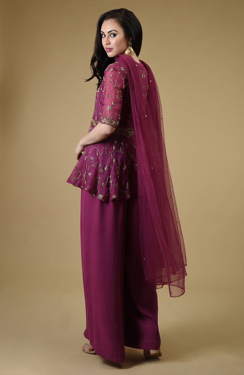 Peacock Pink Beads Zardozi Hand Embroidered Sharara Suit
