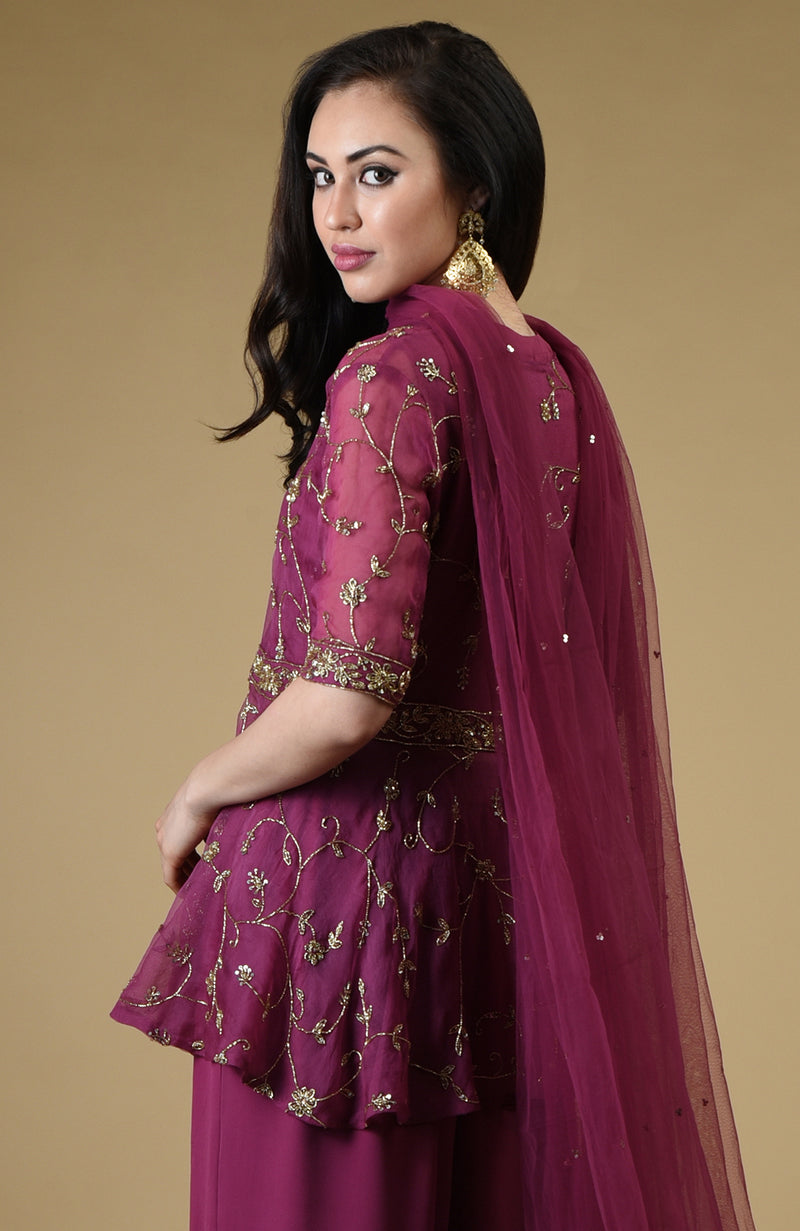 Peacock Pink Beads Zardozi Hand Embroidered Sharara Suit