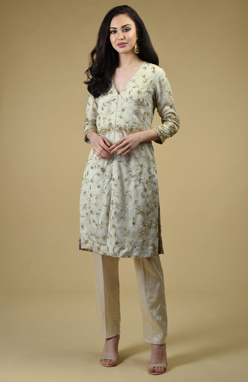 Star White Beads Zardozi Hand Embroidered Tunic Set