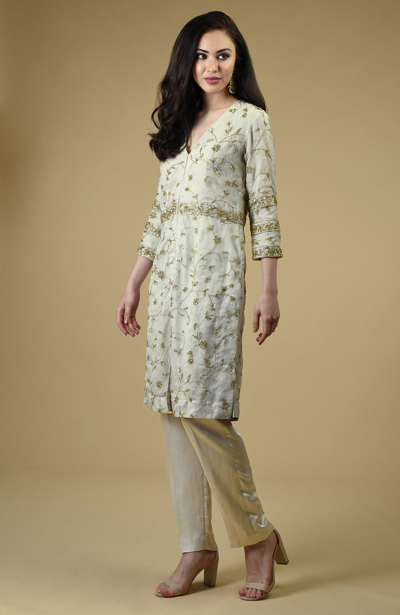 Star White Beads Zardozi Hand Embroidered Tunic Set
