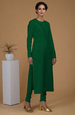 Emerald Green Pure Matka Silk Jewel Neck Kurta Set