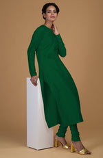 Emerald Green Pure Matka Silk Jewel Neck Kurta Set
