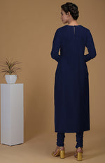 Navy Blue Pure Matka Silk Jewel Neck Kurta Set