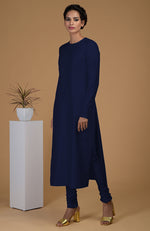 Navy Blue Pure Matka Silk Jewel Neck Kurta Set