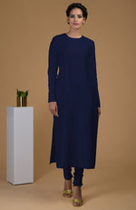 Navy Blue Pure Matka Silk Jewel Neck Kurta Set