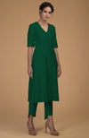 Emerald Green Pure Matka Silk V-Neck Kali Kurta Set