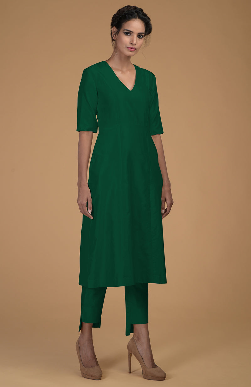 Emerald Green Pure Matka Silk V-Neck Kali Kurta Set
