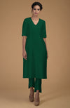 Emerald Green Pure Matka Silk V-Neck Kali Kurta Set