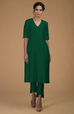Emerald Green Pure Matka Silk V-Neck Kali Kurta Set
