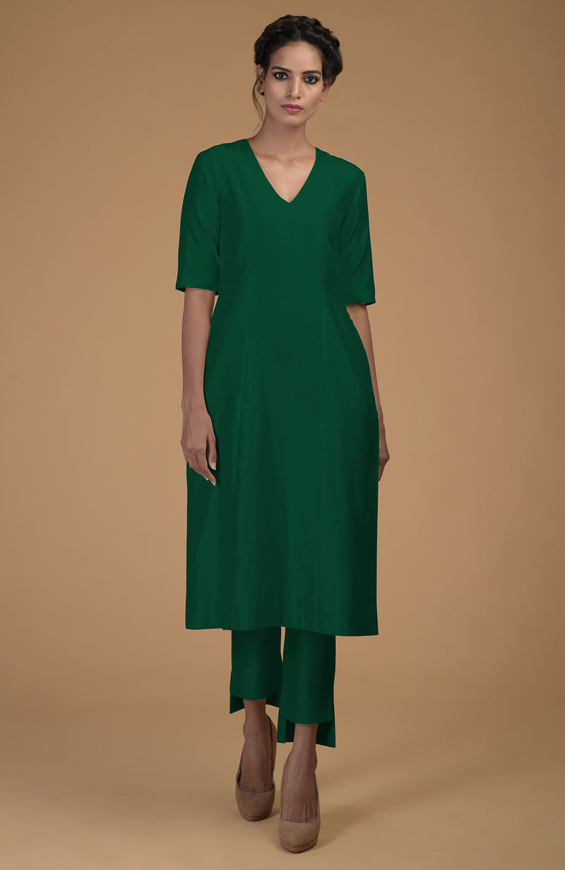 Emerald Green Pure Matka Silk V-Neck Kali Kurta Set
