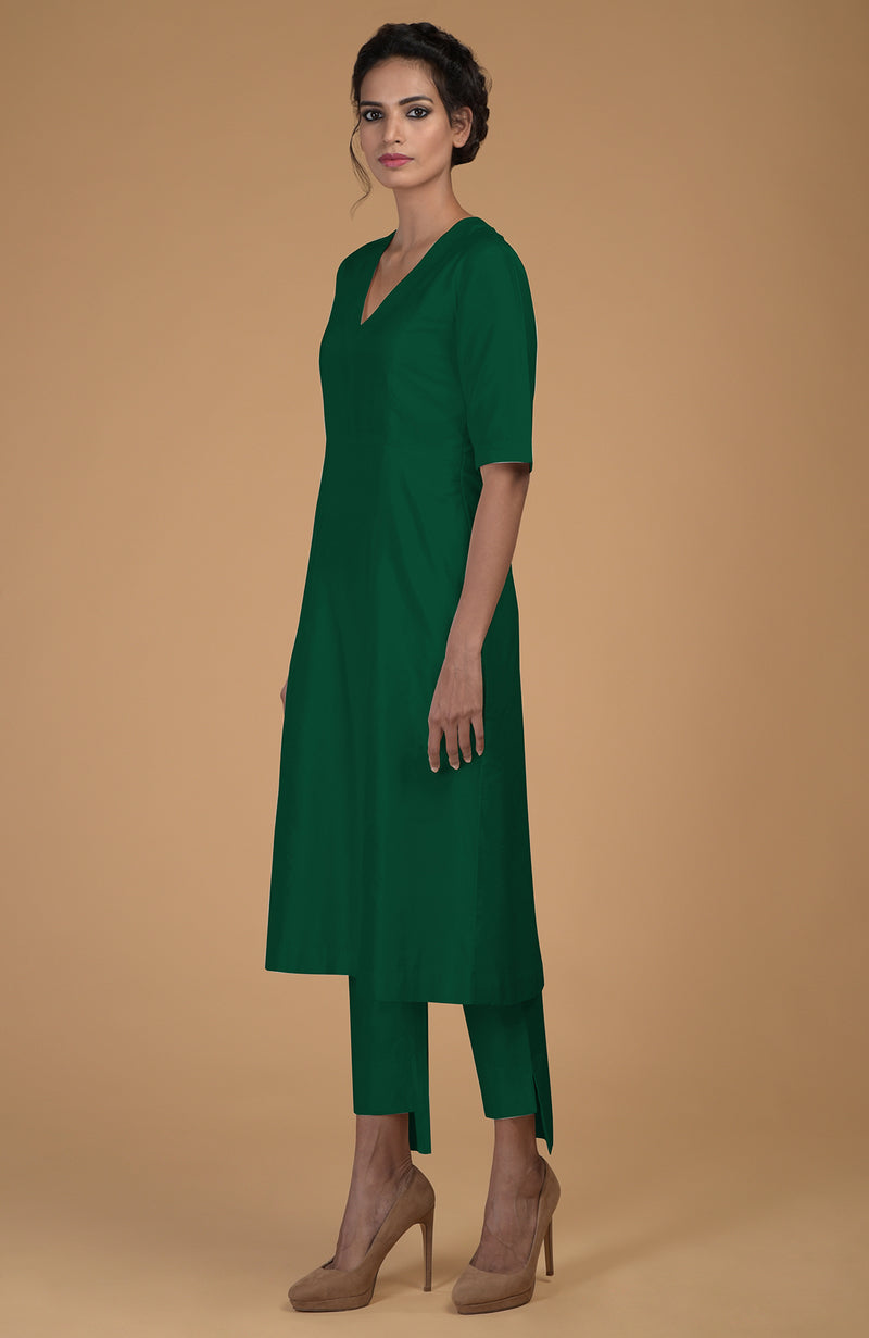 Emerald Green Pure Matka Silk V-Neck Kali Kurta Set