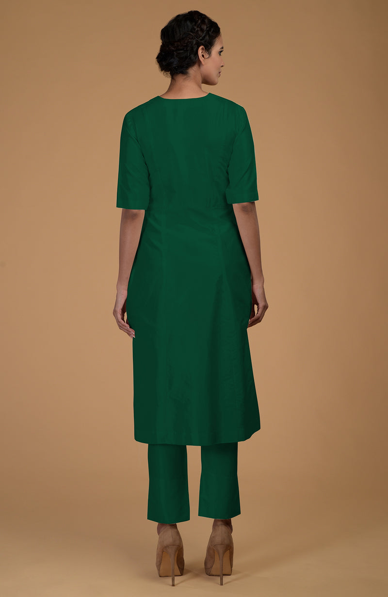 Emerald Green Pure Matka Silk V-Neck Kali Kurta Set