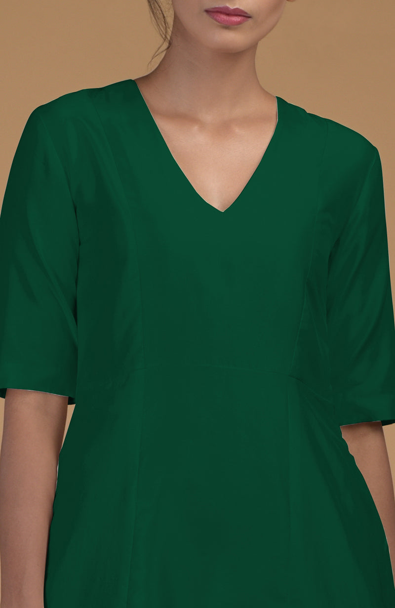 Emerald Green Pure Matka Silk V-Neck Kali Kurta Set