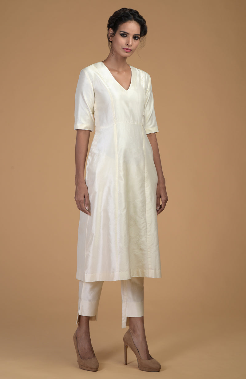 Ivory Pure Matka Silk V-Neck Kali Kurta Set
