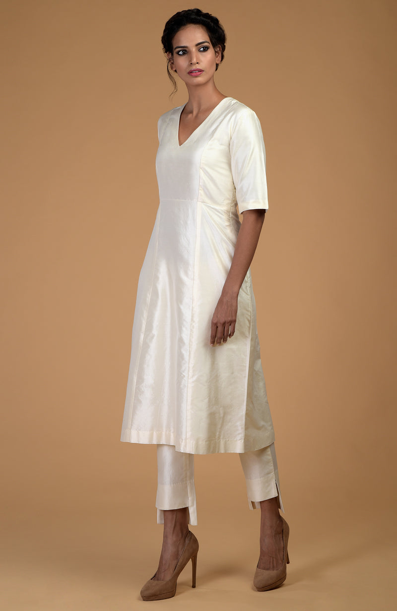 Ivory Pure Matka Silk V-Neck Kali Kurta Set