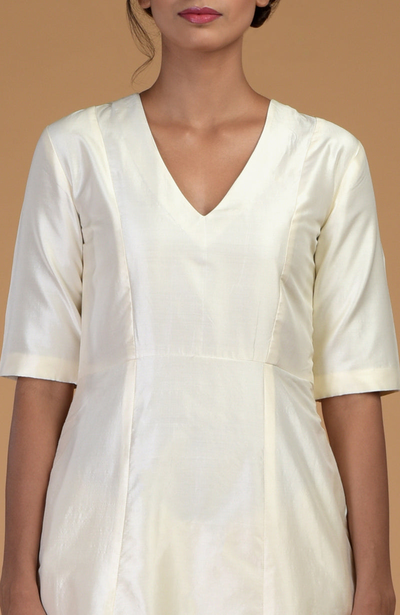 Ivory Pure Matka Silk V-Neck Kali Kurta Set