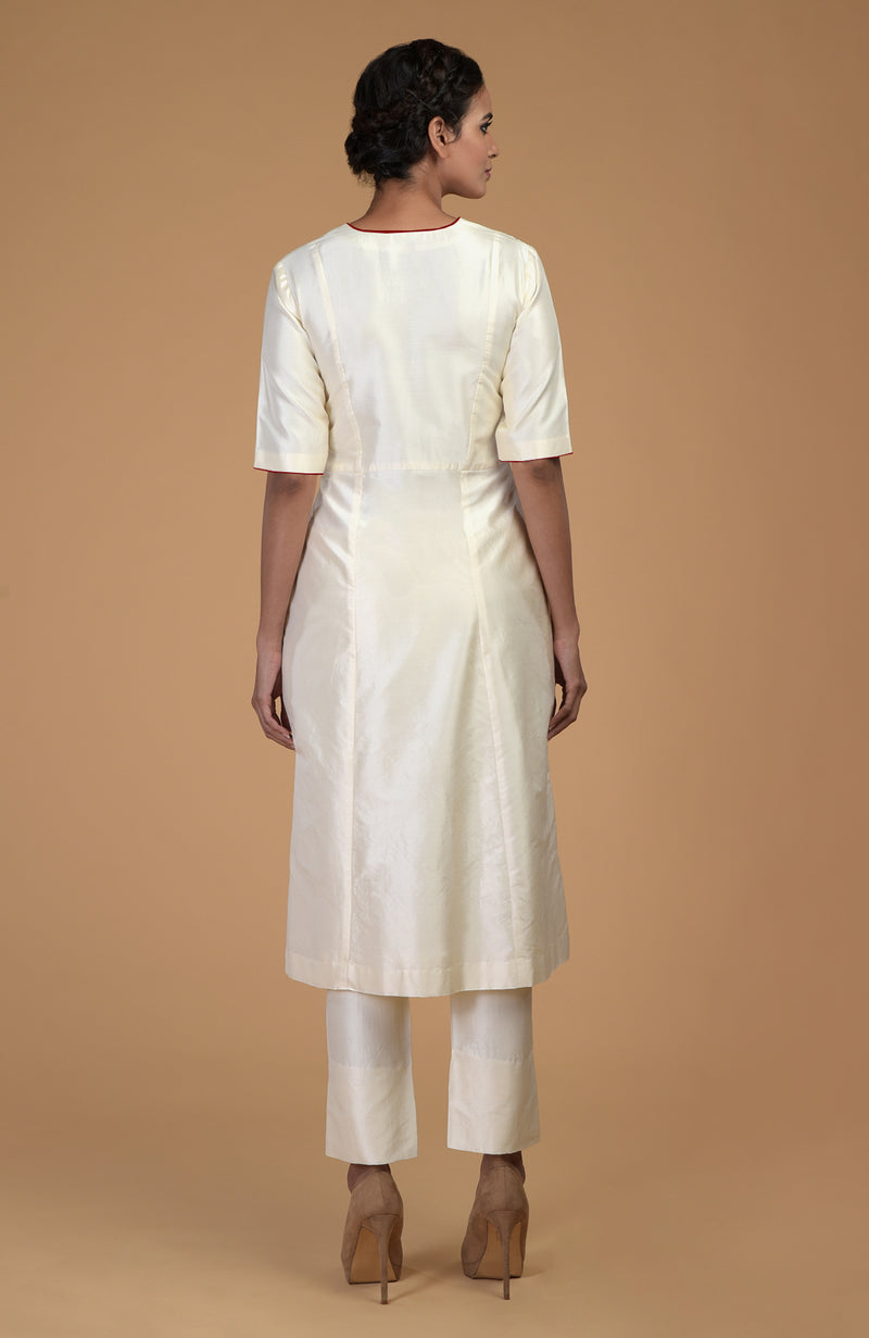 Ivory Pure Matka Silk V-Neck Kali Kurta Set