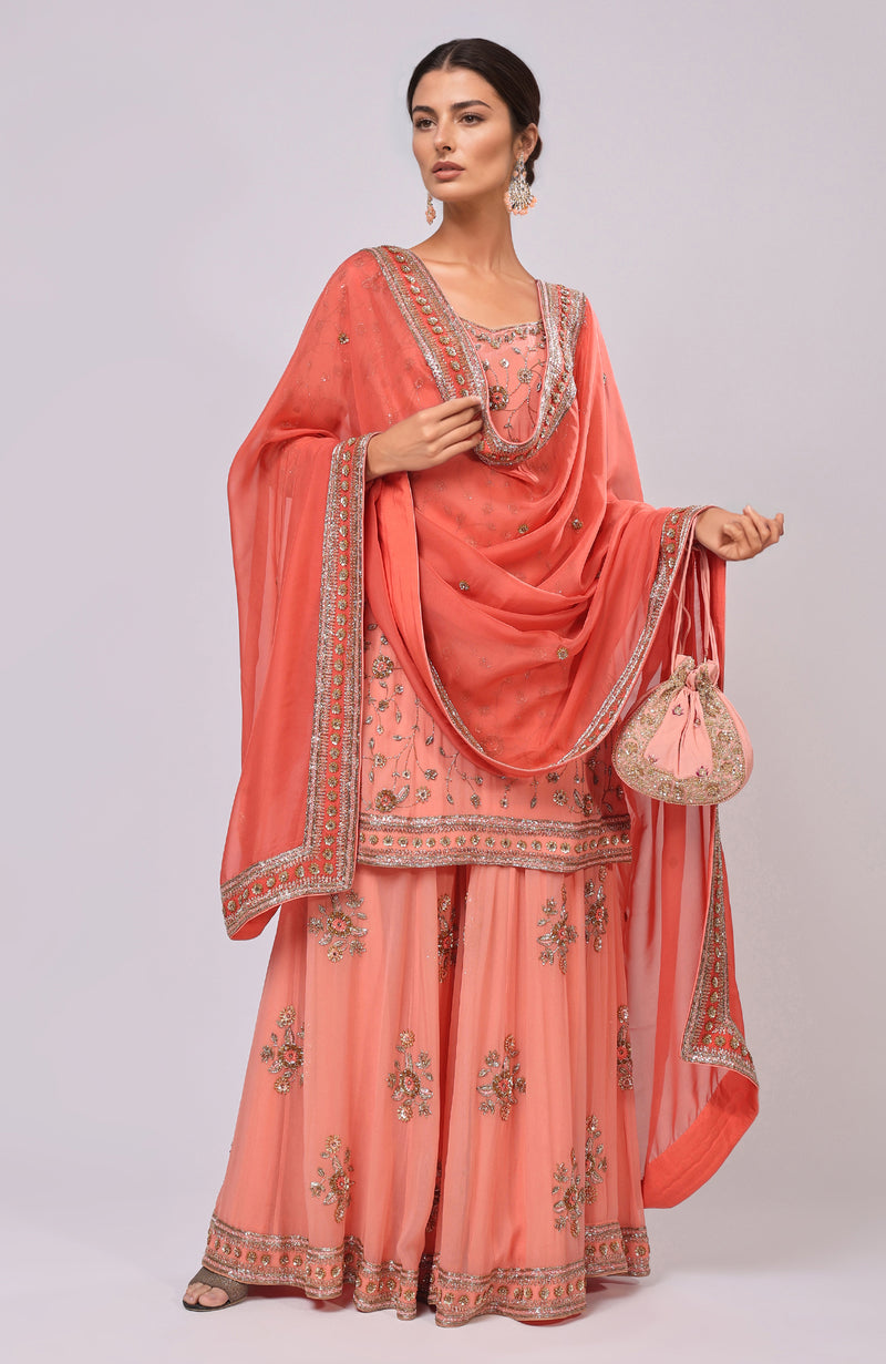 Salmon Dabka and Zardozi Hand-Embroidered Sharara Set