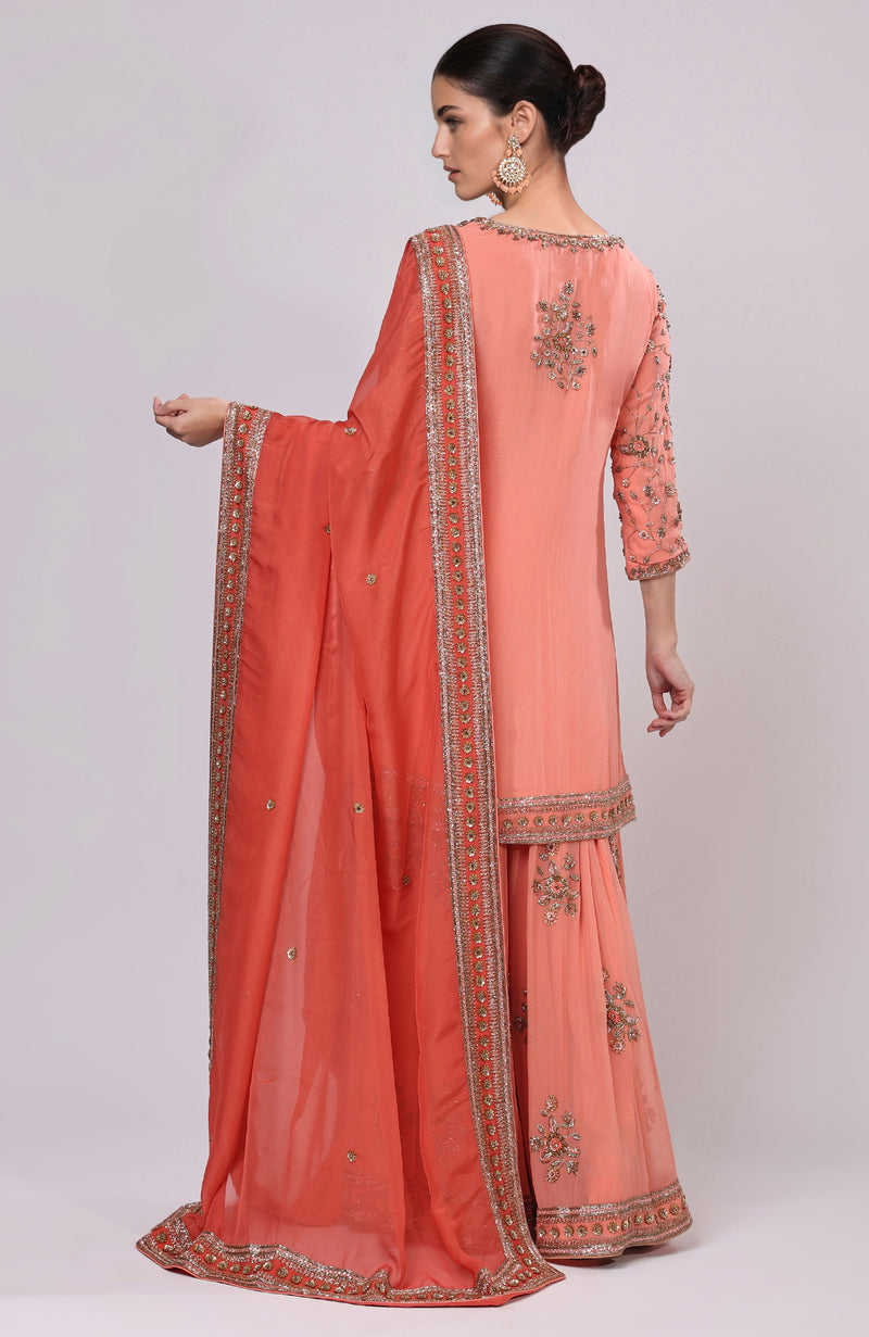 Salmon Dabka and Zardozi Hand-Embroidered Sharara Set