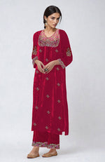 Ruby Red Resham Zari & Zardozi Hand Embroidered Velvet Kurta Set