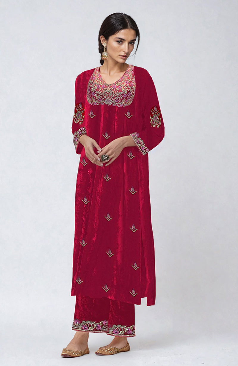 Ruby Red Resham Zari & Zardozi Hand Embroidered Velvet Kurta Set