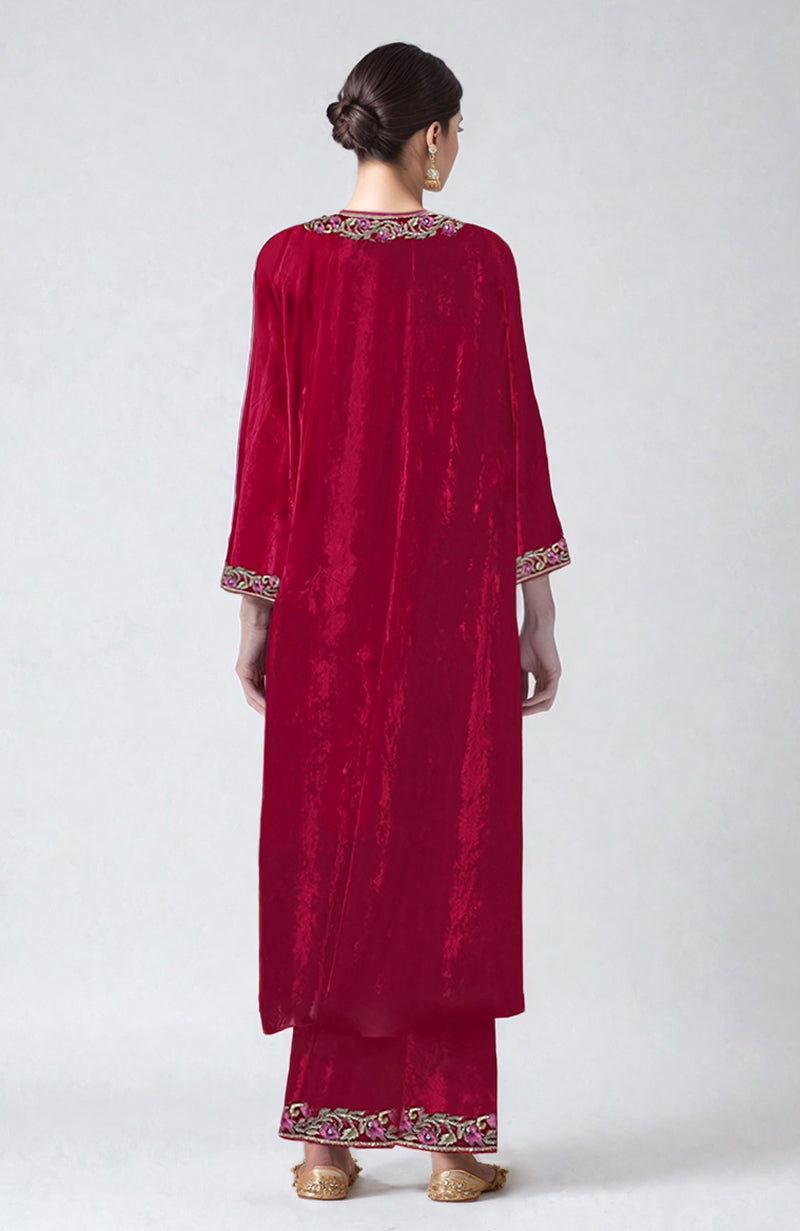 Ruby Red Resham Zari & Zardozi Hand Embroidered Velvet Kurta Set